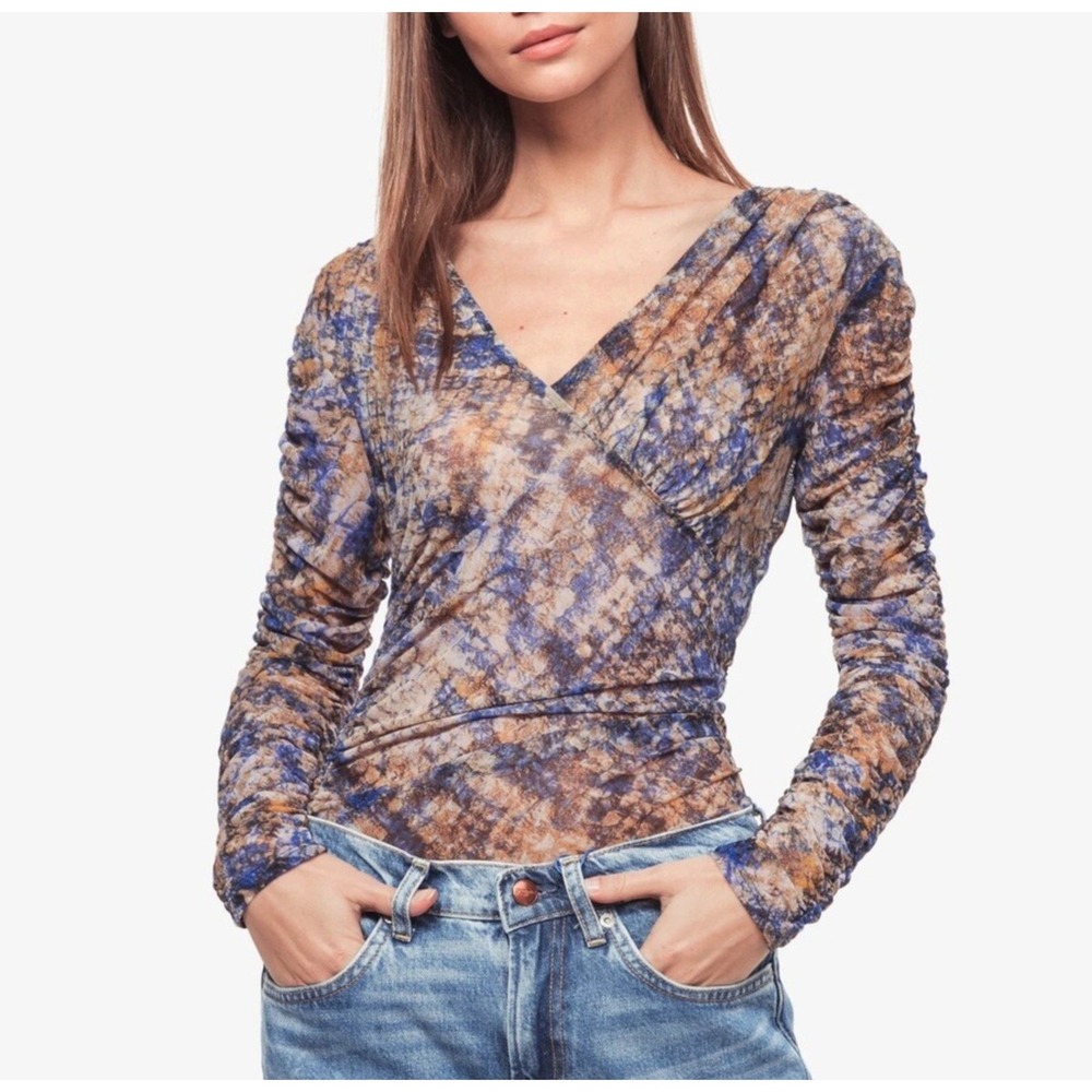 y2k Aughts style GUESS Sheer Mesh Snake Print Long Sleeve Ruched Long Shirt M